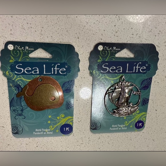 2pc Nautical Bronze Whale & Silver Boat Craft Metal Pendant Blue Moon Seal Life - Picture 2 of 7